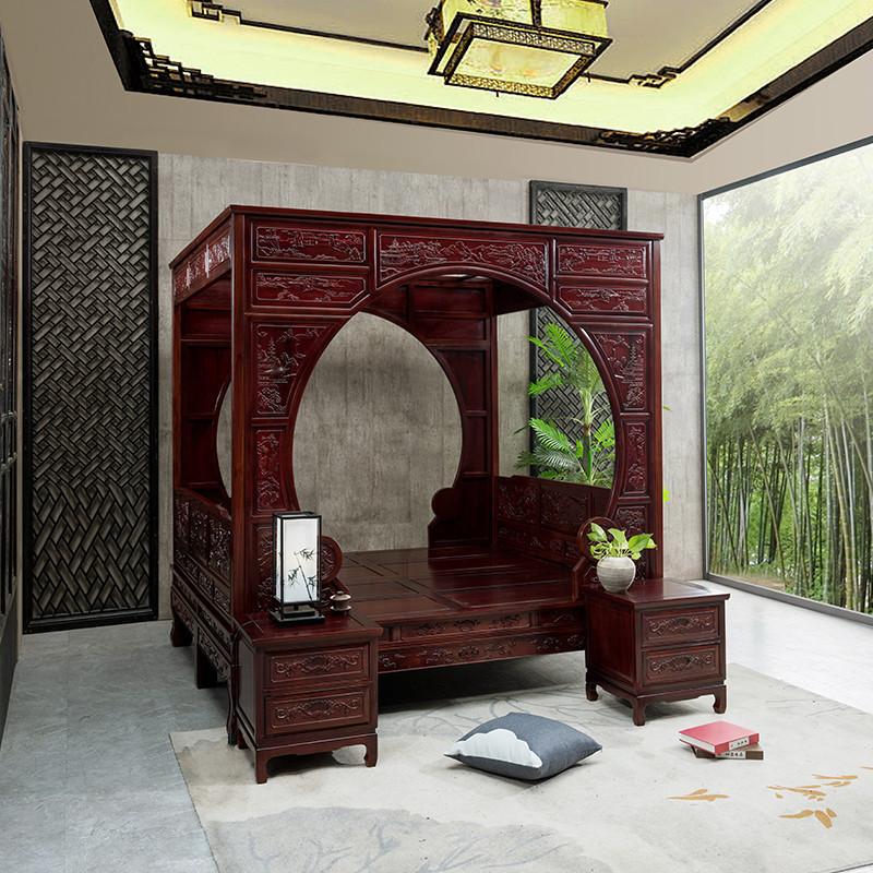 เตียงถ้ำพระจันทร์คู่ไม้แดง เฟอร์นิเจอร์คลาสสิกหมิงและชิง เตียงขั้นบันได เตียงมังกรโบราณ เตียงเจ้าหญิง เตียงแบบดึงออกได้