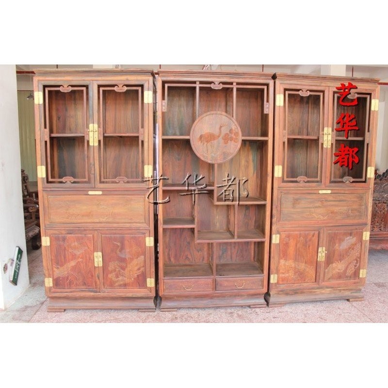 ชั้นวางหนังสือคลาสสิกไม้แดง Xianyouไม้จันทน์แดงลาว ขนไหม ไม้จันทน์แกะสลัก ชั้นวางหนังสือสามชั้นไม้เนื้อแข็ง ไม้จันทน์เหลืองโคชิน