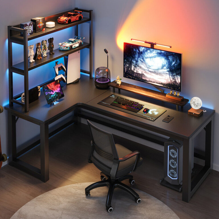 Home โต๊ะเกม โต๊ะเล่นเกมเข้ามุม โต๊ะคอมพิวเตอร์รูปตัว L ขาตั้งจอแสดงผล รองรับโฮสต์ รูสายเคเบิล