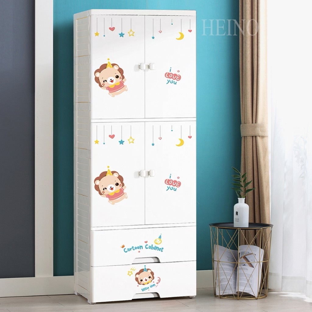 HEINOตู้เสื้อผ้าลายการ์ตูนเด็กที่เก็บของประตูคู่พร้องลิ้นชัก พร้อมล้อเลื่อน เป็นมิตรกับสิ่งแวดล้อม ไม่มีกลิ่น ปลอดสารพิษ