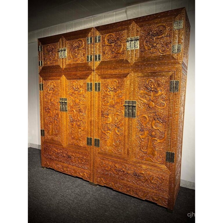 ผ้าไหมสีทองแนนไม้หลังคากล่องตู้ใบเล็กเจิ้นหนานครอบงาแกะสลักมังกรรวมกันตู้สองชิ้น