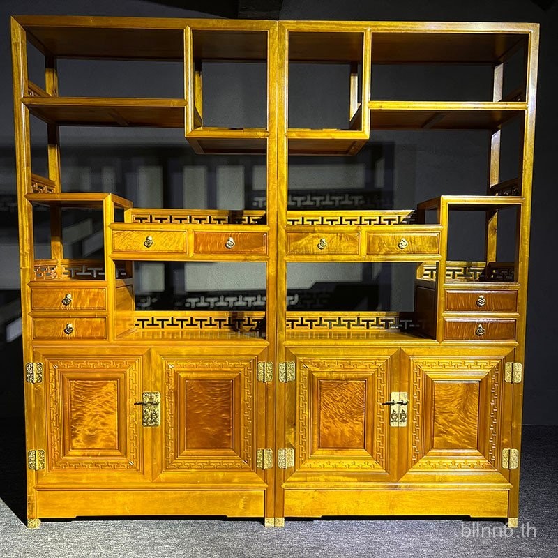 ชั้นวางของไหมทอง Nanmu Curio ขนาดเล็ก รูปใบไม้ Zhennan ไม้เนื้อแข็ง ชั้นเก็บของ โครงสร้างร่องน้ำและข้อต่อ เฟอร์นิเจอร์พื้นตู้เก็บของหลายชั้น