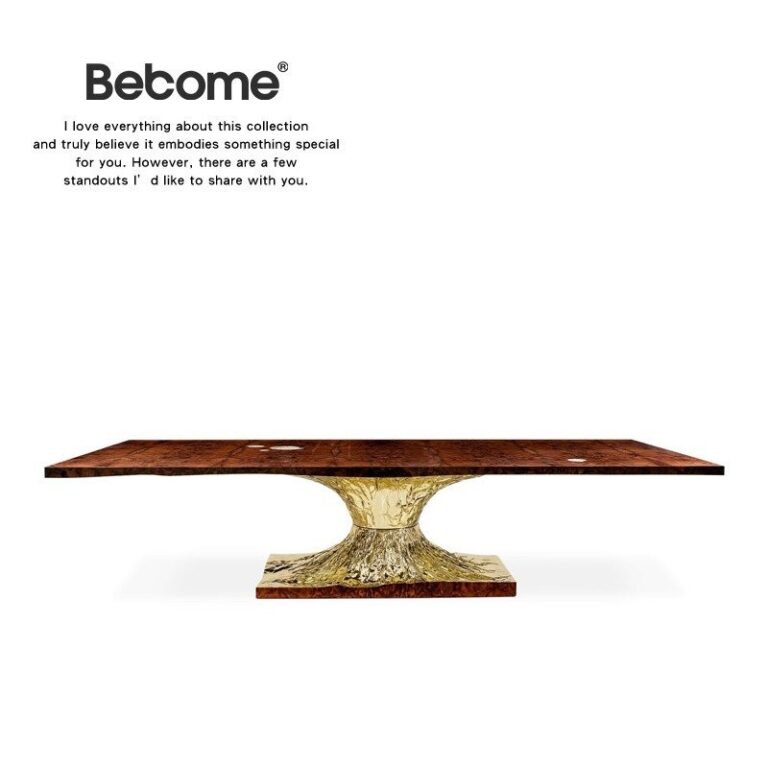 โต๊ะรับประทานอาหารนาฬิกาทรายหรูหราสมัยใหม่ ไม้เนื้อแข็ง ทองเหลือง ขนาดกลาง โต๊ะยาวสำหรับหลายคน ห้องตัวอย่างโรงแรมวิลล่า G