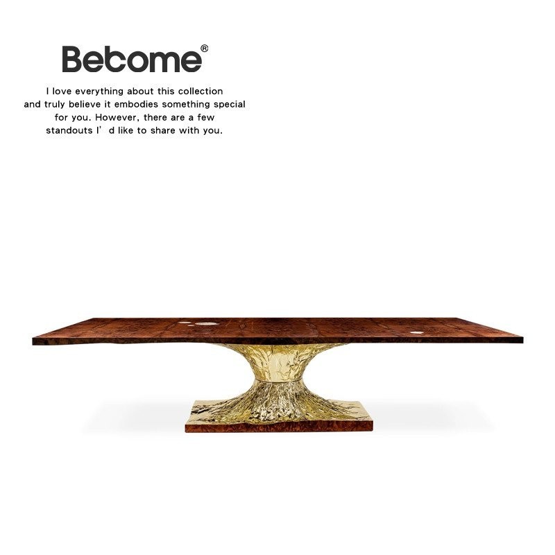 โต๊ะรับประทานอาหารนาฬิกาทรายหรูหราสมัยใหม่ ไม้เนื้อแข็ง ทองเหลือง ขนาดกลาง โต๊ะยาวสำหรับหลายคน ห้องตัวอย่างโรงแรมวิลล่า G