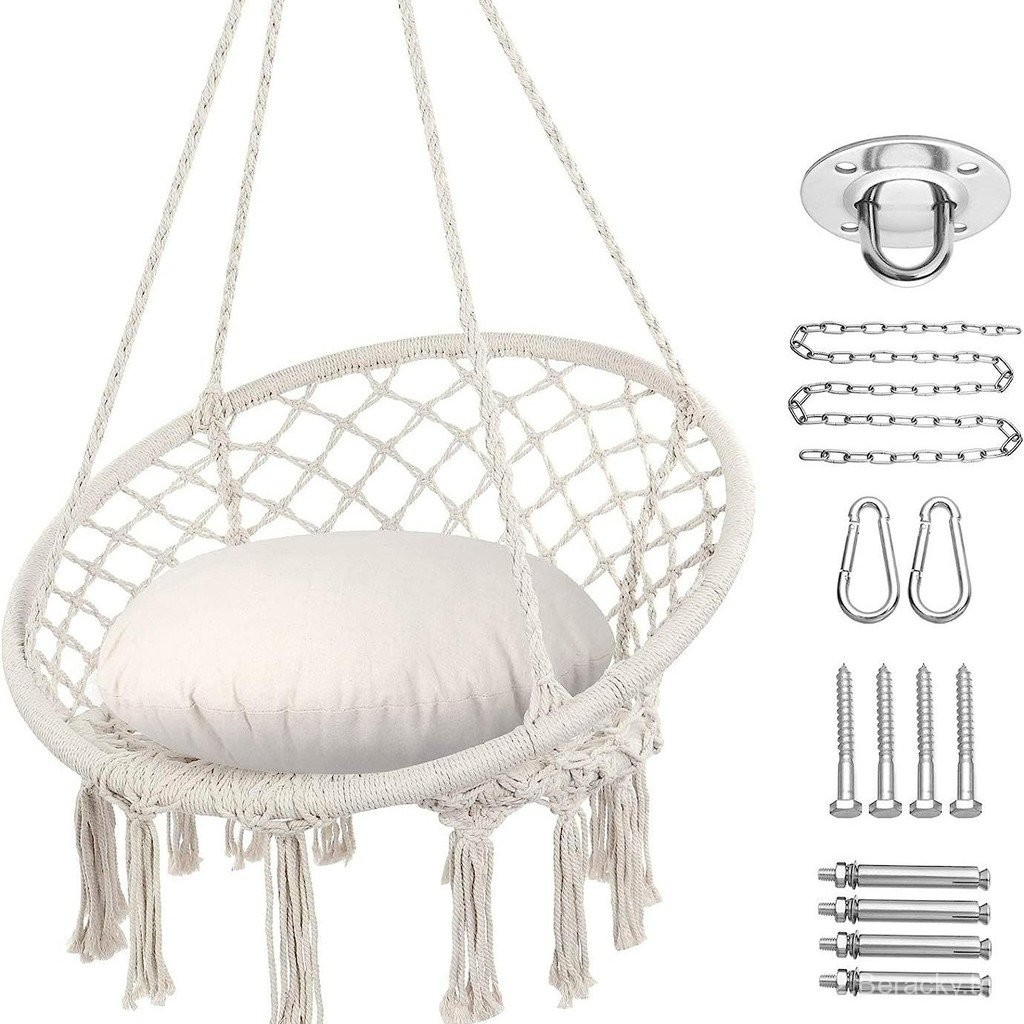 บูติกที่ดีที่สุดเก้าอี้แขวนในร่มสไตล์นอร์ดิกตะกร้าแขวนถักเชือกฝ้ายพู่แกว่งกลางแจ้งเตียงขี้เกียจสีแดง