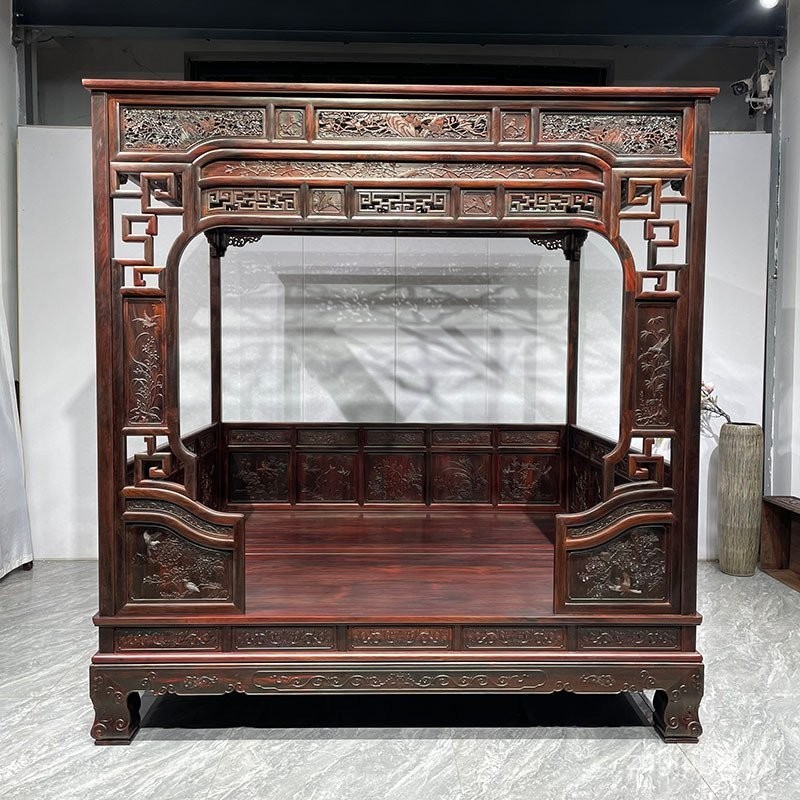 โครงเตียงไม้แดงใหญ่ไม้จันทน์แดงดอกไม้และนก เตียงคู่ราคาประหยัด ไม้เนื้อแข็งไม้จันทน์เหลืองซีลอน เฟอร์นิเจอร์คลาสสิกหมิงและชิง