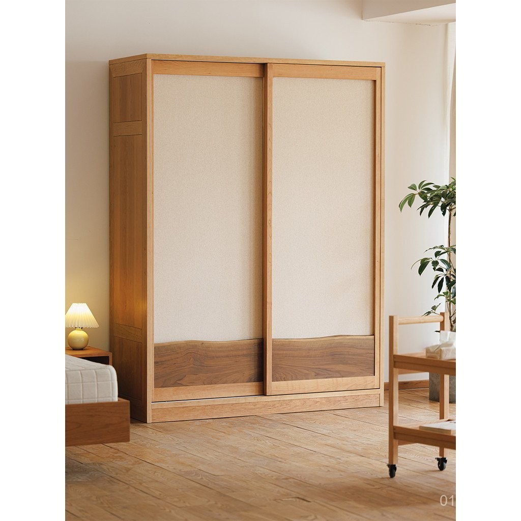 ตู้เสื้อผ้า Yishan สไตล์ญี่ปุ่น ตู้เสื้อผ้าไม้เชอร์รี่ เฟอร์นิเจอร์ไม้เนื้อแข็ง ตู้ไม้เนื้อแข็งวอลนัทสีดำ ประตูเลื่อน ตู้เก็บของ