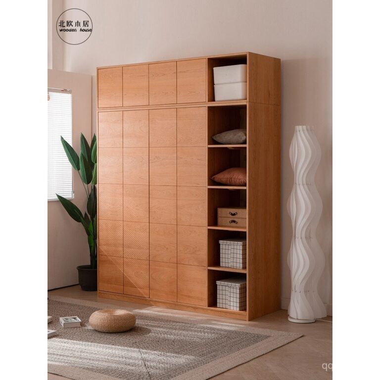 ตู้เก็บของไม้เชอร์รี่สไตล์ญี่ปุ่น ไม้เนื้อแข็ง ประตูคู่ ตู้เสื้อผ้าห้องนอนนอร์ดิกเรียบง่าย