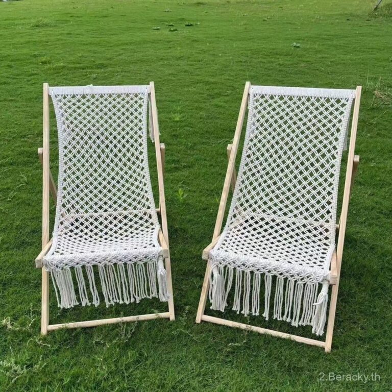 คัดสรรระดับพรีเมียม เก้าอี้พับสำหรับตั้งแคมป์กลางแจ้ง ทำจากเชือกฝ้ายทอมือ สไตล์ยุโรป เก้าอี้ไม้สนที่สามารถถอดออกและซักได้ เก้าอี้นอนในห้องนั่งเล่นที่มีพู่