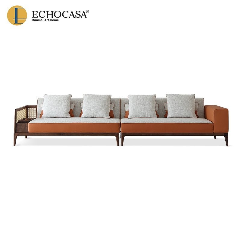 โซฟาไม้เนื้อแข็งสีดำวอลนัทสไตล์มินิมอลอิตาลี ECHOCASA โซฟาผสมผสานผ้าหนังและหวายสำหรับห้องนั่งเล่นสมัยใหม่
