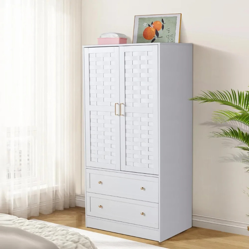 ตู้เสื้อผ้า Organizer กับ 2 ลิ้นชักเก็บและบูมตู้เสื้อผ้ายืนฟรีกับ 2 ประตูทอตู้เสื้อผ้าห้องนอนไม้