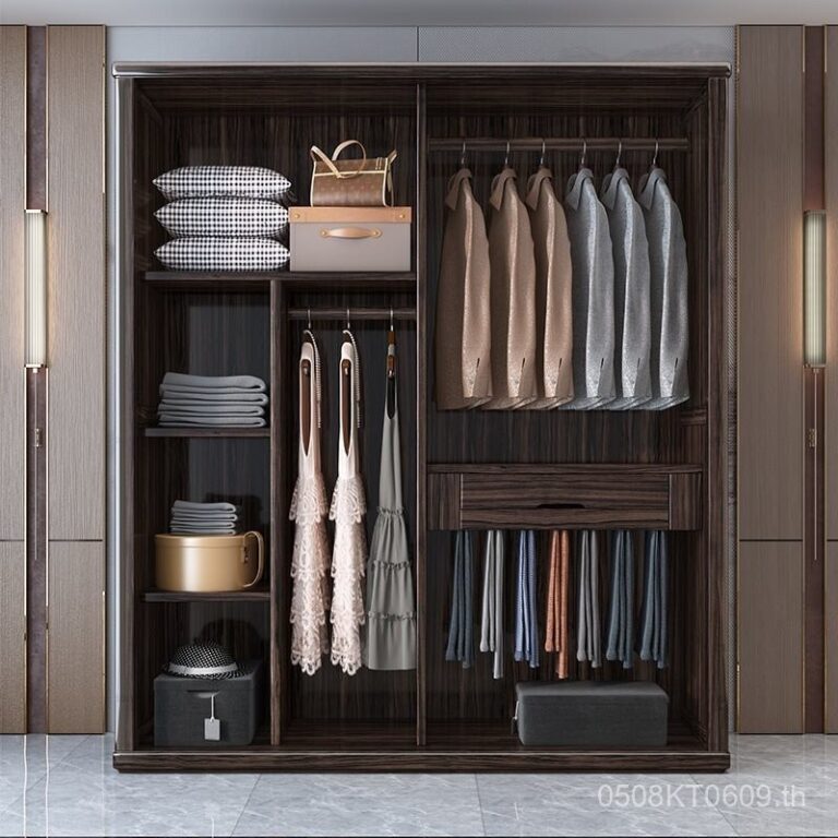 ตู้เก็บของไม้ Walnut สีดำสำหรับใช้ในบ้าน ตู้สไตล์จีนใหม่ ประตูเลื่อน ห้องนอน ตู้ขนาดใหญ่เรียบง่าย ขายส่งตู้เสื้อผ้า Weiyan F3R4