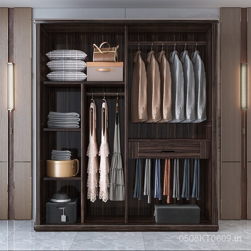 ตู้เก็บของไม้ Walnut สีดำสำหรับใช้ในบ้าน ตู้สไตล์จีนใหม่ ประตูเลื่อน ห้องนอน ตู้ขนาดใหญ่เรียบง่าย ขายส่งตู้เสื้อผ้า Weiyan F3R4