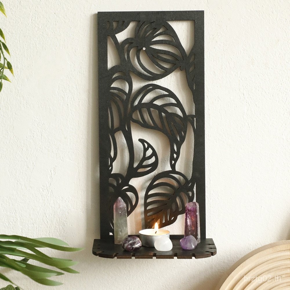 ของขวัญใหม่ ชั้นเก็บของแขวนผนังลายใบไม้สีดำไม้กลวง ตกแต่งบ้านเรียบง่าย งานฝีมือ