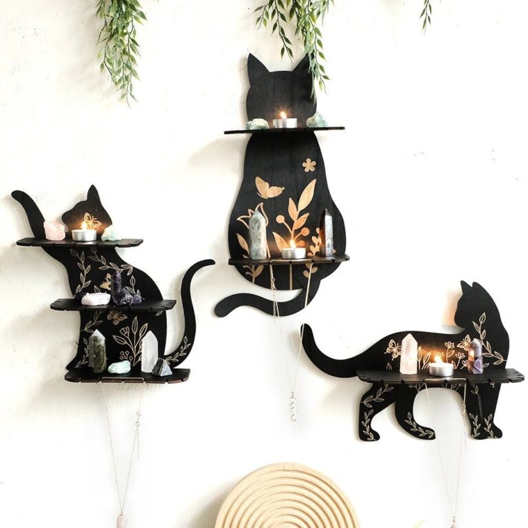 ของขวัญโบฮีเมียนไม้พิมพ์ลายรูปแมวผนังชั้นวางคริสตัลบ้านเรียบง่ายงานฝีมือตกแต่งห้องนอน