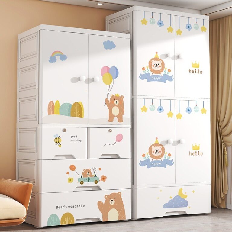 HOGO ตู้เสื้อผ้าเด็ก พับเก็บได้ ตู้เสื้อผ้า ตู้เก็บของ ลายการ์ตูน พร้อมล้อเลื่อน ประตูคู่ ลิ้นชัก