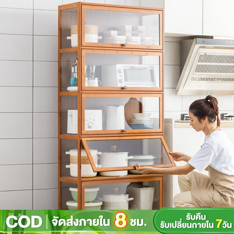 15ชั้น ครัวตู้กับข้าวพร้อมประตูตู้ กันฝุ่น ตู้เก็บของโปร่งใส มัลติฟังก์ชั่น วางจานชามในครัว