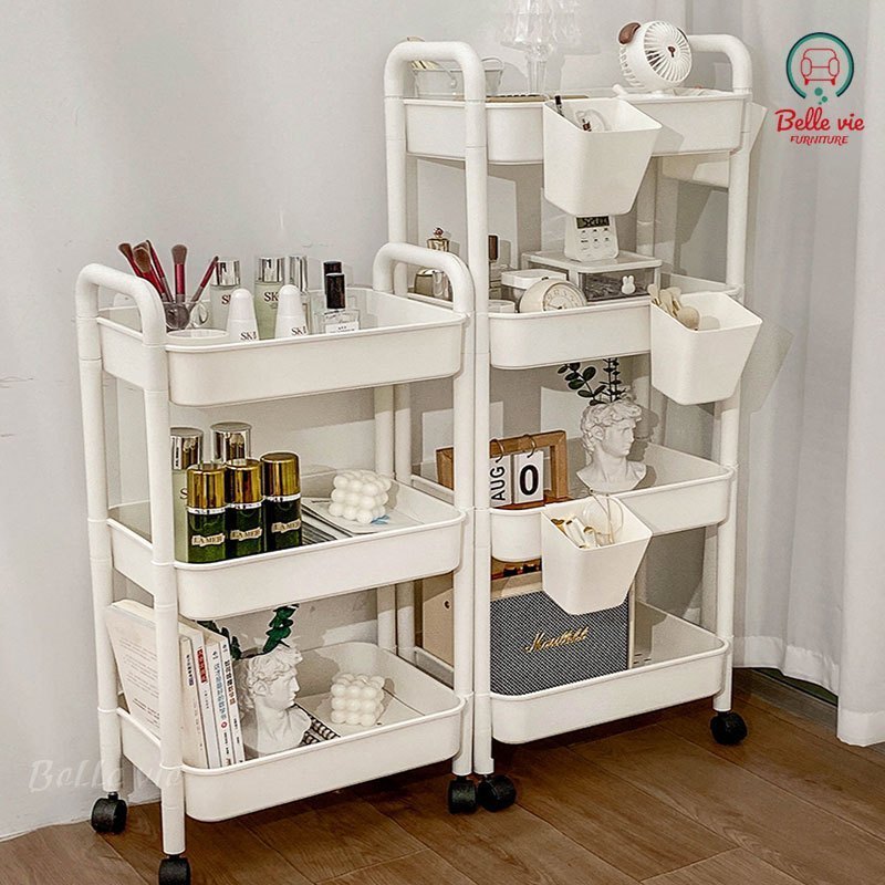 BV ชั้นวางของรถเข็นพลาสติก 3 ชั้น พร้อมล้อเลื่อนที่จับ รถเข็นเก็บของ เคลื่อนย้ายสะดวก อุปกรณ์จัดเก็บครัว ติดตั้งง่าย