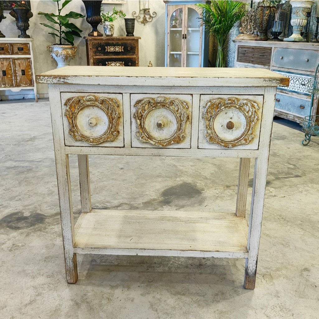 โต๊ะวินเทจไม้แท้พร้อมลิ้นชัก 3 ช่องและชั้นวาง สไตล์ย้อนยุค