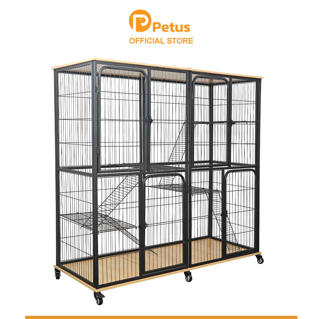 PetusNew กรงสีด้านกรงแมว กรงแมวพื้นไม้ กรงแมวมีล้อ เคลื่อนย้ายสะดวก มี 2 ขนาดให้เลือก Cat Villa