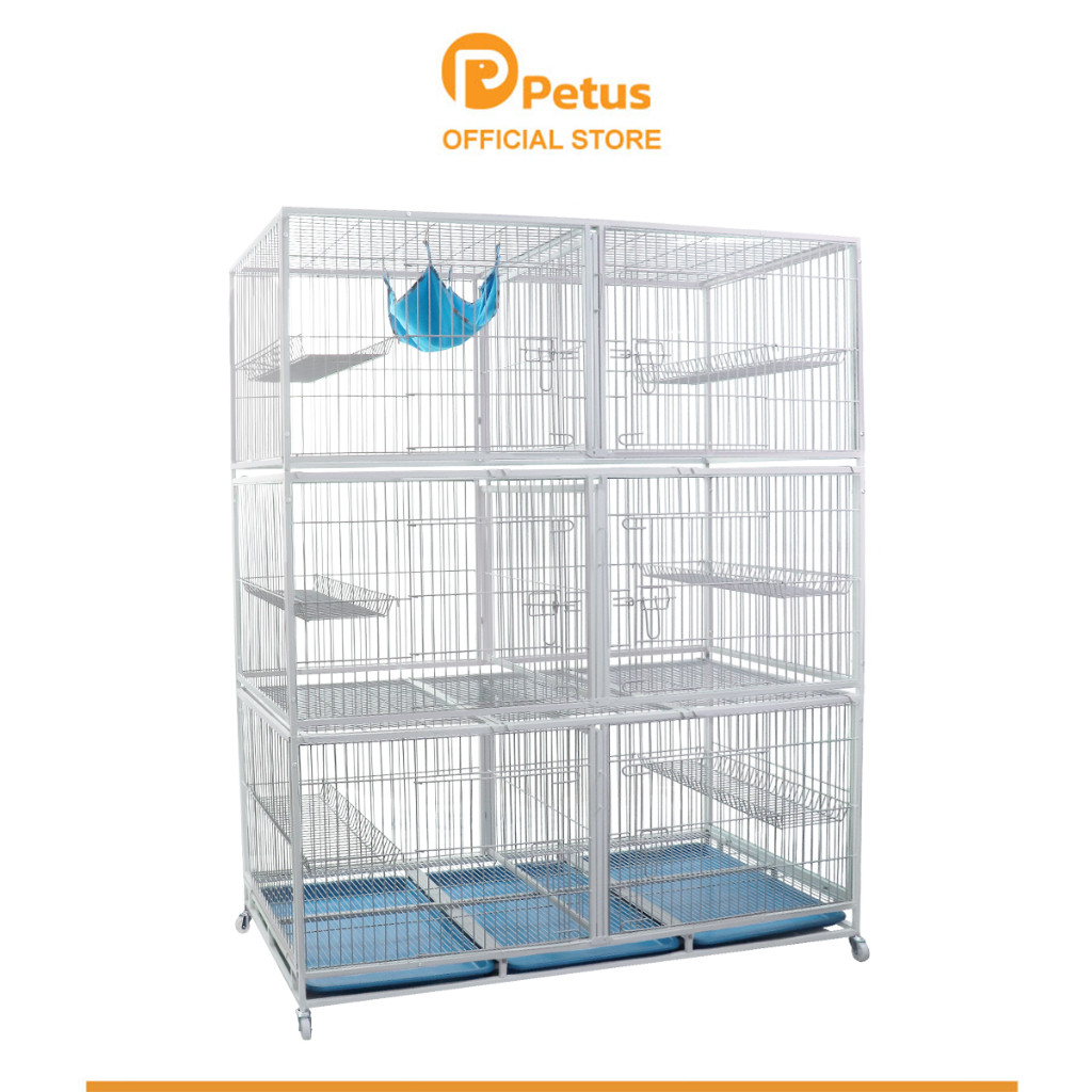 PetusNew กรงสีด้านกรงแมวขนาดใหญ่ ซี่ห่าง 3 ซม กรงแมว 3 ชั้น มีตัวกั้นกลาง ขนาด 162x68x183 ซม Cat Cage