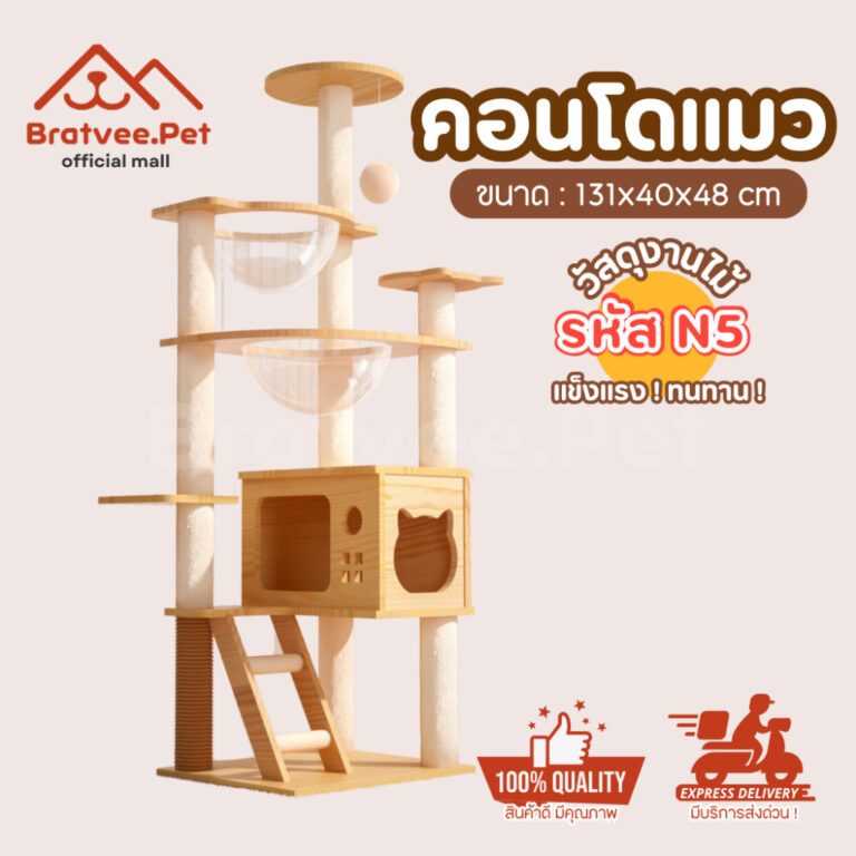 Bratvee คอนโดแมว 2 หลุมนอน บ้านเเมวไม้ คอนโดแมว หลุมอวกาศ เฟอร์นิเจอร์สัตว์เลี้ยง เกรดพรีเมียม