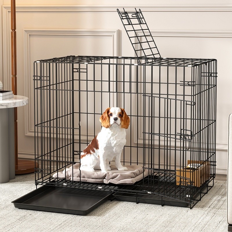 กรงแมว ลังสุนัข กรงสุนัข สุนัขสุนัขลวดโลหะสองประตูพับสัตว์เลี้ยงสัตว์กรงสัตว์เลี้ยงที่มีถาดพลาสติกและจับสาหรับสุนัขขนาดเล็ก