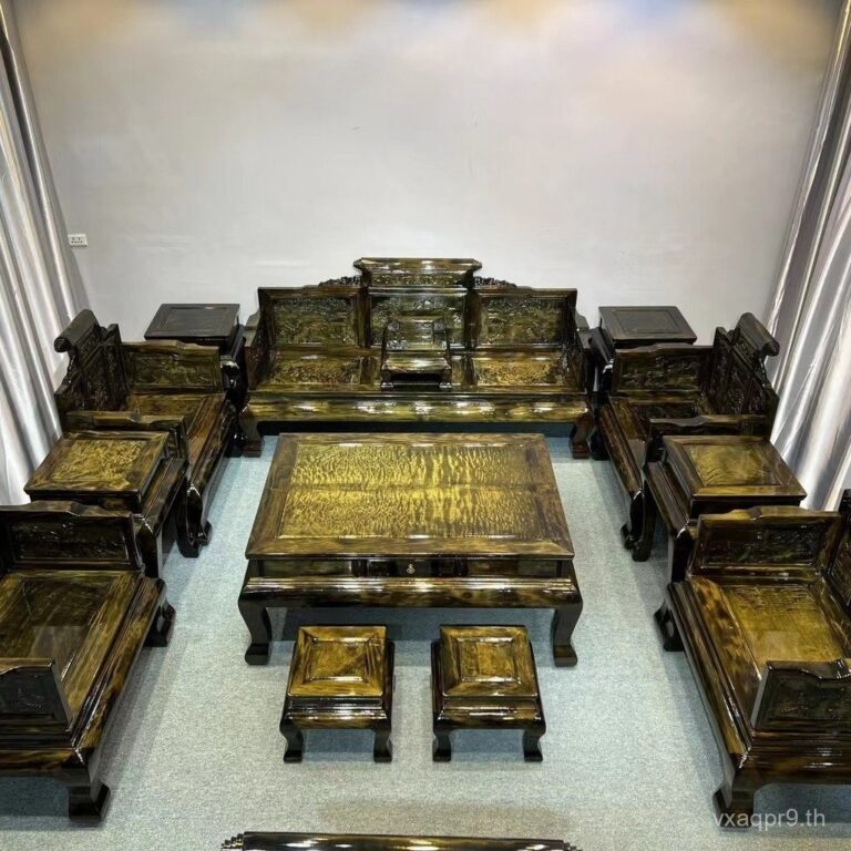 ผ้าไหมสีทอง Nanmu Big Leaf Gloomy ไม้เก้าอี้โซฟาโต๊ะกาแฟคลาสสิกห้องนั่งเล่นโบราณเฟอร์นิเจอร์จีนห้องนอน HighEnd