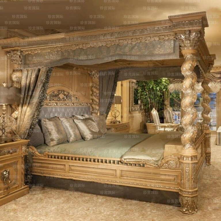 ยุโรปคลาสสิกขนาดใหญ่เตียง ไม้เนื้อแข็งแกะสลักเตียงคู่พระราชวังฝรั่งเศสหรูหราบรรยากาศชั้นวางเตียงเสา เบอร์ฟ เตียง