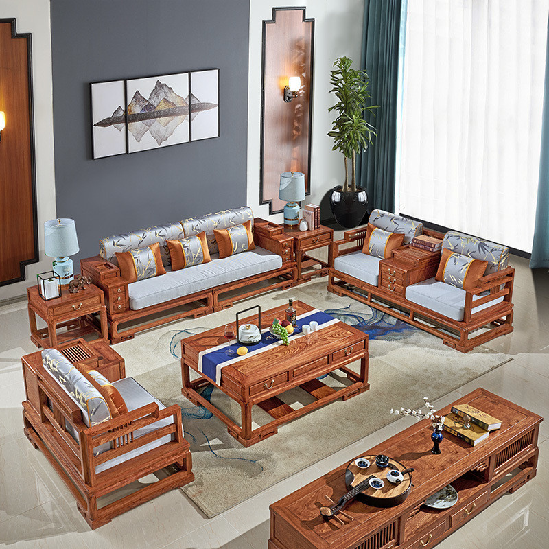 โซฟามะฮอกกานีใหม่สไตล์จีนห้องนั่งเล่นครัวเรือนพาร์ทเมนท์ขนาดเล็กโซฟาไม้เนื้อแข็งห้องนั่งเล่นโซฟาสไตล์จีน หวี