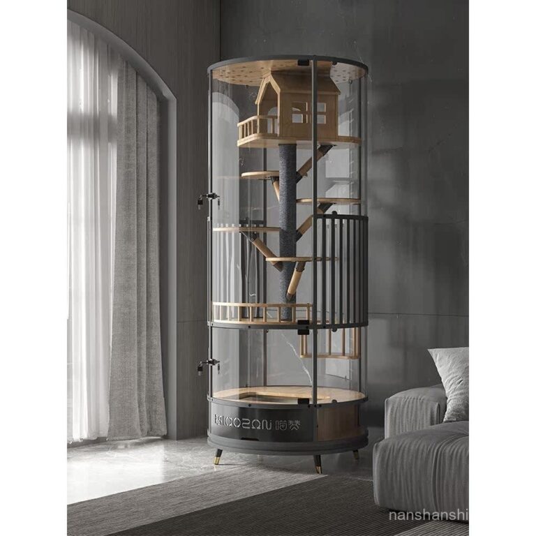 วิลล่าแมวทรงกระบอกโปร่งใสเต็มรูปแบบหมุนได้สำหรับบ้านในร่มพร้อมโถส้วมในตัว