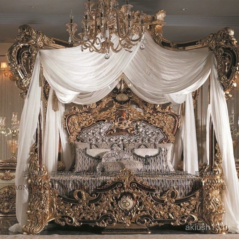 ห้องนอนฝรั่งเศสพระราชวังอิตาลีเตียงคู่ยุโรปหรูหราไม้เนื้อแข็งแกะสลักเตียงใหญ่เจ้าหญิงวิลล่าหรูหราเตียงใหญ่