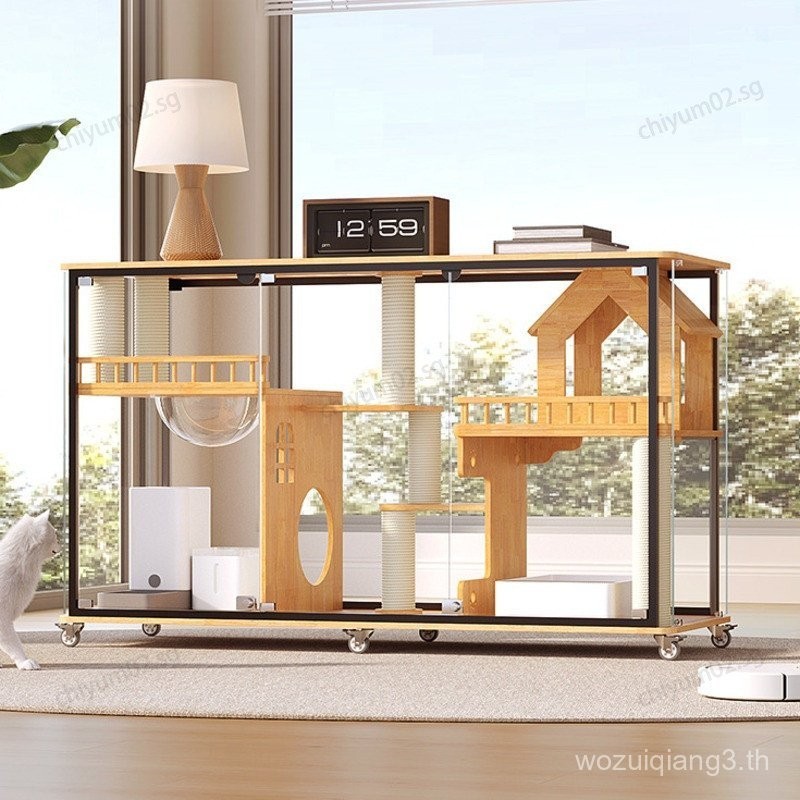 Cat Villa Panoramic Glass Cat Nest ไม้เนื้อแข็งในร่มกรงแมวบ้านพร้อมกรอบปีนเขา