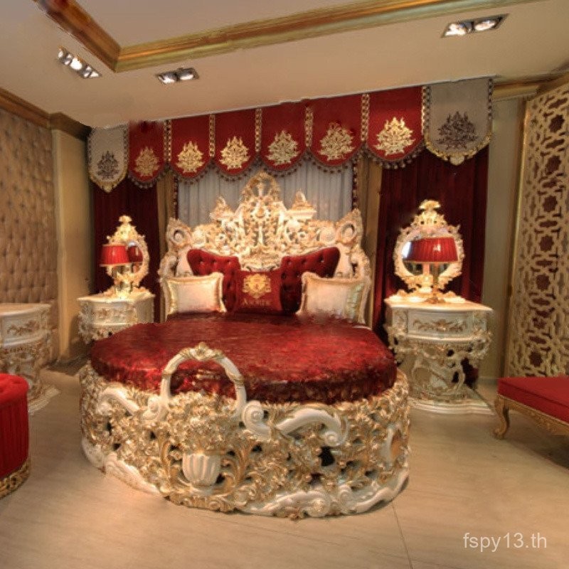 ยุโรปหรูหราเตียงฝรั่งเศสระดับไฮเอนด์เฟอร์นิเจอร์วิลล่าโทเตียงแสงหรูหราแกะสลักไม้เนื้อแข็งฟอยล์ทองเตียงเจ้าหญิงเตียงคู่