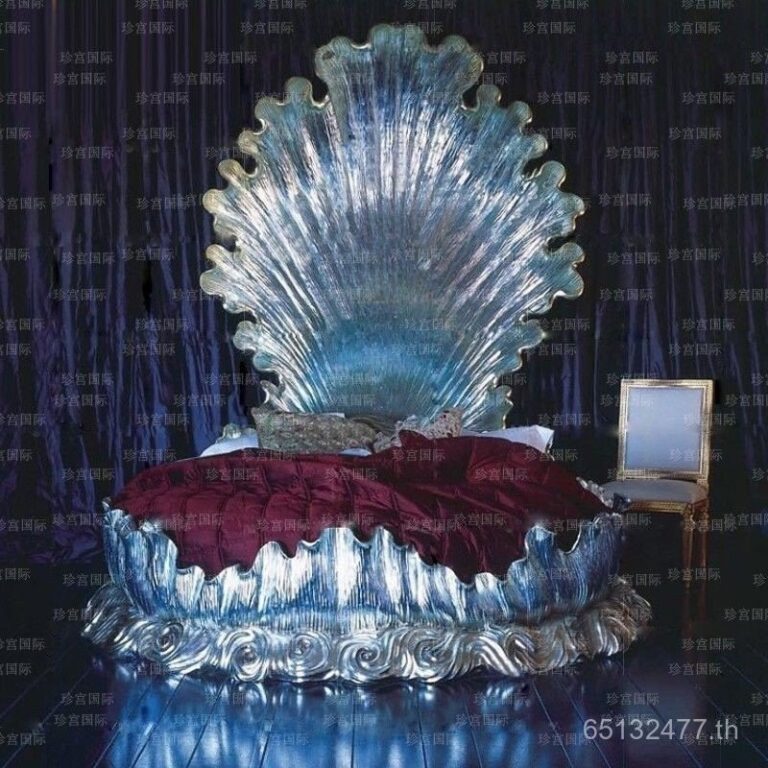 เตียงใหญ่ฝรั่งเศสหรูหรา เปลือกโรแมนติก เตียงกลม เตียงคู่ยุโรป วิลล่า ไม้เนื้อแข็ง แกะสลัก ฟอยล์สีเงิน เตียงกลมขนาดใหญ่ เตียง