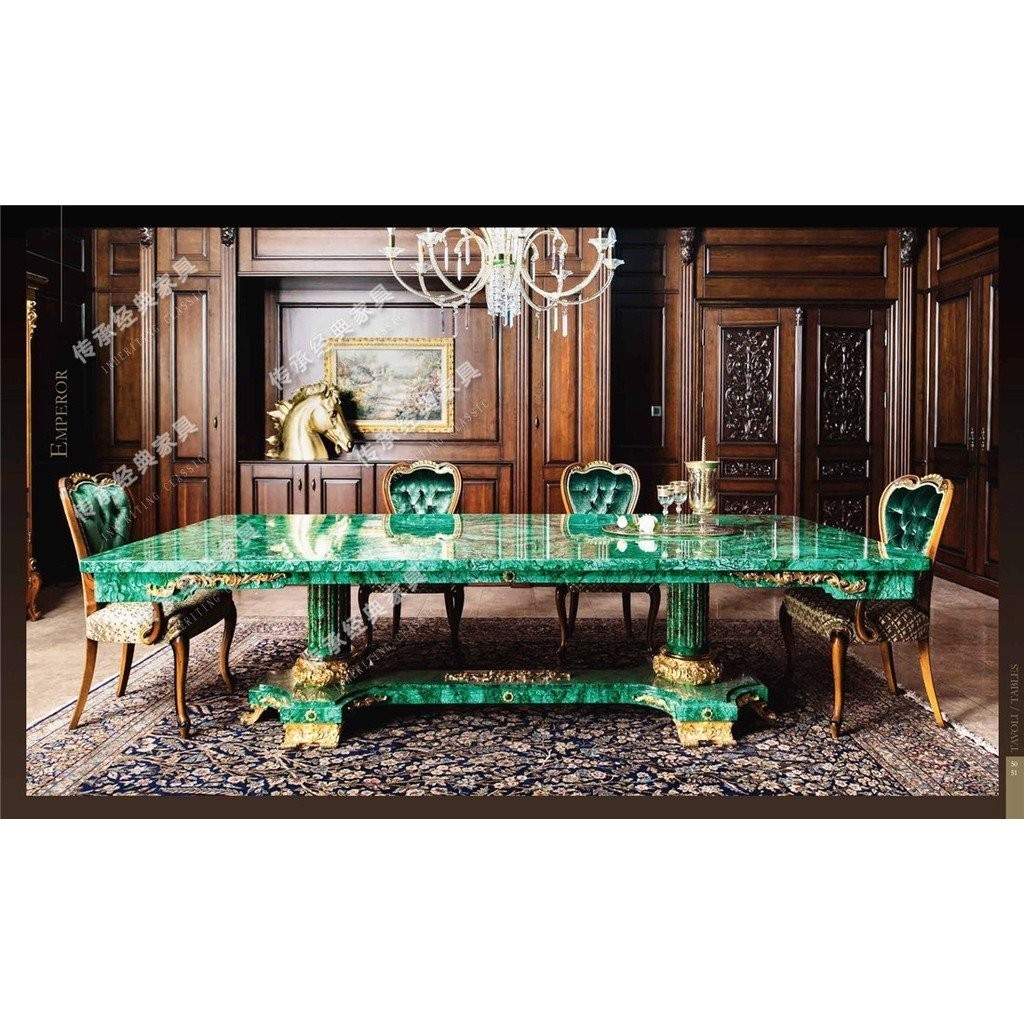 วิลล่าหรูสไตล์อิตาลีเฟอร์นิเจอร์ครบชุดเฟอร์นิเจอร์ศิลปะหินหรูหราธรรมชาติชิ้นส่วนทองแดงบริสุทธิ์ฝังโต๊ะรับประทานอาหารมาลาไคต์