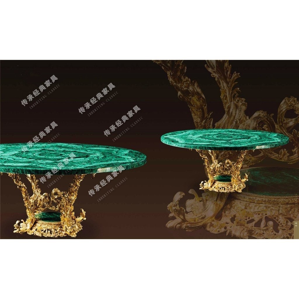 โต๊ะรับประทานอาหารทรงกลมสไตล์ยุโรปหรูหราทองแดงหยกธรรมชาติมาลาไคต์สำหรับเฟอร์นิเจอร์