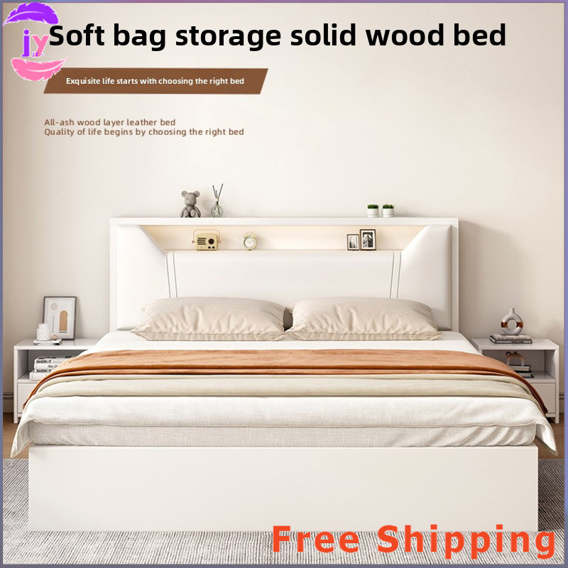 JYโครงเตียง เตียงไม้เนื้อแข็ง เรียบง่ายและทันสมัย เตียงคู่เก็บของเบาะนุ่ม 15 เมตรให้เช่า ห้องนอนในบ้าน โครงเตียงเดี่ยว 18 เมตร