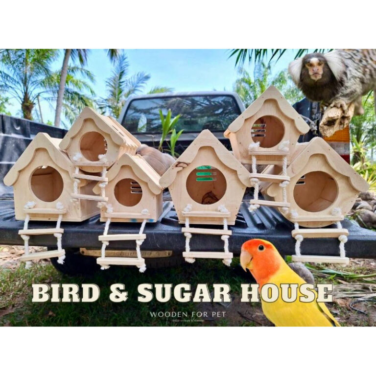 บ้านนก ชูการ์ บ้านไม้สำหรับสัตว์เลี้ยง ที่นอน ทำรัง พร้อมบันไดเชือก ไม่เคลือบสีกัดแทะได้ กลมเหลี่ยม