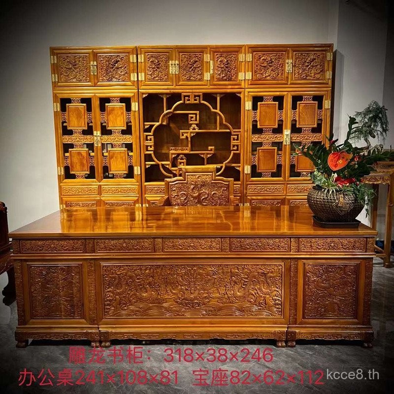 Golden Silk Phoebe โต๊ะ Xiaoye Zhennan ตู้หนังสือสามรวมกันศึกษาเฉพาะไม้เนื้อแข็งแกะสลักมังกร Domineering Tenon