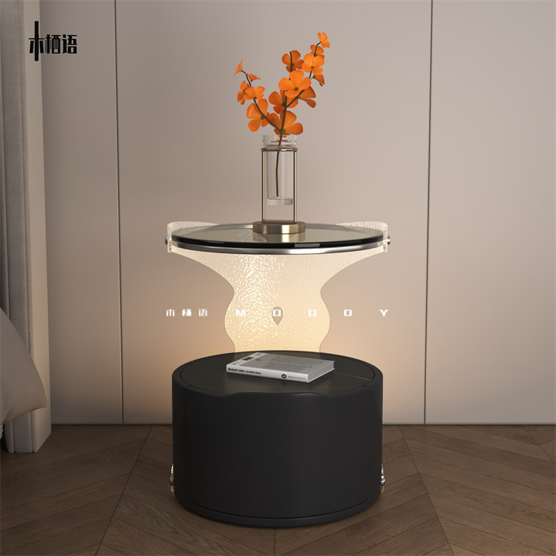 โต๊ะข้างเตียงอะคริลิคสไตล์วิลล่าความรู้สึกระดับไฮเอนด์โต๊ะข้างเตียงโต๊ะกาแฟขนาดเล็กการออกแบบสร้างสรรค์แสงหรูหราตู้เก็บของระดับไฮเอนด