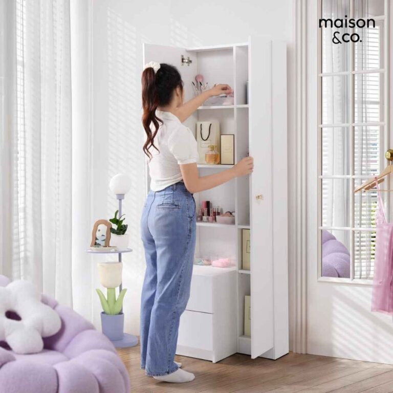 SB Design Square โต๊ะเครื่องแป้งแบบยืน รุ่น MIRA สีขาว 60x40x175 ซม แบรนด์ MAISONCO
