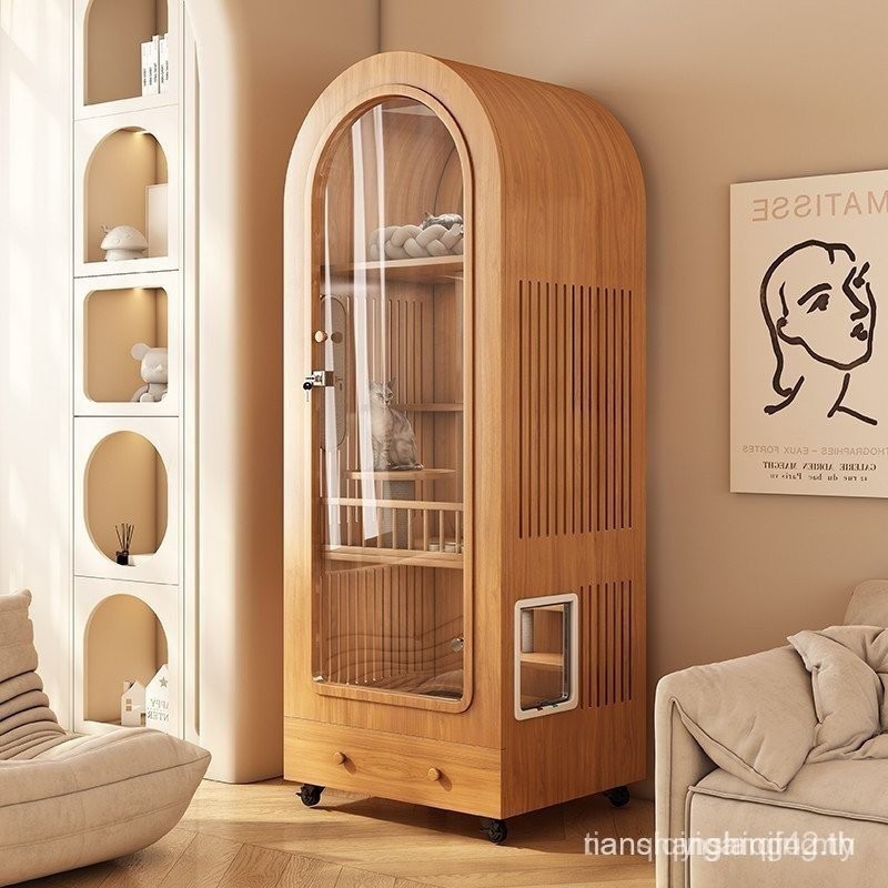 ไม้เนื้อแข็งตู้แมวประหยัดพื้นที่กระจกพาโนรามาแมววิลล่าบ้านลูกแมวที่มีลิ้นชักในตัวแมว