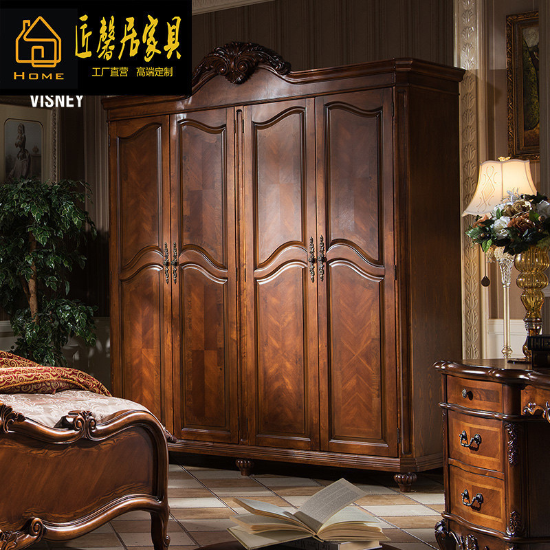 ตู้เสื้อผ้าสี่ประตูสไตล์อเมริกันย้อนยุคแกะสลักตู้เสื้อผ้าขนาดใหญ่สไตล์ยุโรปโดยรวมเสื้อผ้าห้องครัวห้องนอนเฟอร์นิเจอร์สินค้าใหม่เฟอร์นิเจอร์