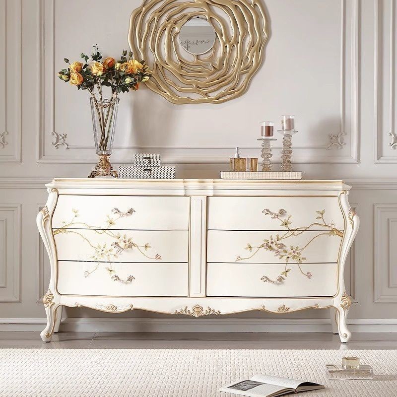 ล่าสุด ฝรั่งเศสแสงหรูหราไม้เนื้อแข็ง6ลิ้นชักห้องนอนการจัดเก็บตู้ข้างวิลล่าตกแต่งตู้เก็บของสีครีมสไตล์มือวาดตู้ทางเข้าจากัดเวลาข้อเสนอพิ
