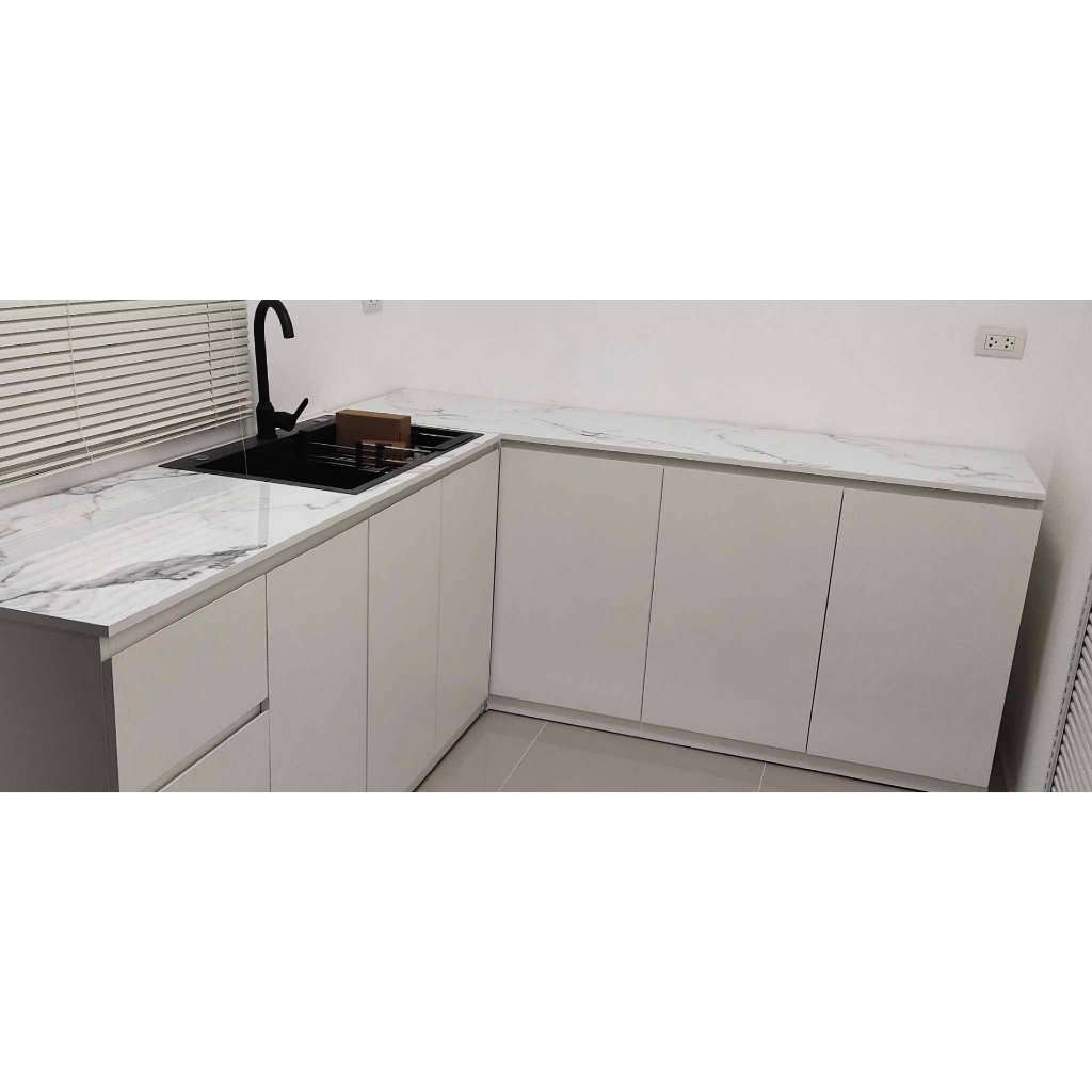 เคาน์เตอร์ DIY5 ติดตั้งซิงค์ ล้างจาน เจาะเตาฝัง ท้อปกันน้ำติดท้อปฟอร์มิก้า เข้ารูปตัวแอล