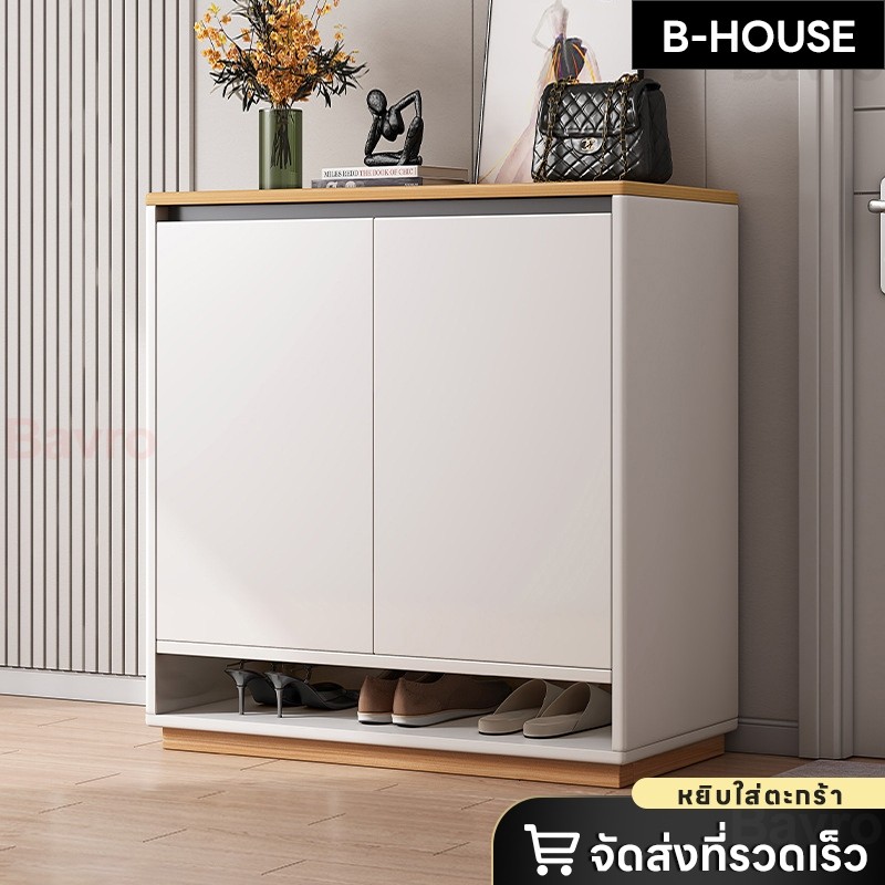 ตู้รองเท้าติดผนัง เปิดและปิดประตู ชั้นวางรองเท้าไม้หลายชั้นอเนกประสงค์ ช่องด้านล่างตู้เก็บของ