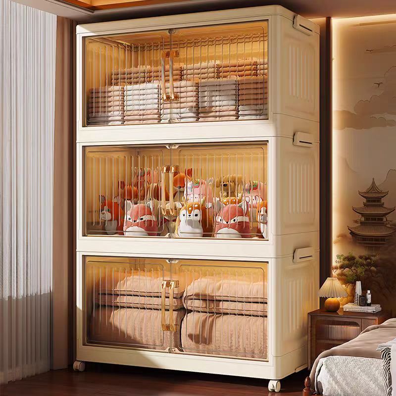 MULI ตู้พลาสติก ตู้เก็บของ มีล้อ พับได้ 80CM ขาวใส ประหยัดพื้นที่ กันความชื้น วัสดุ PP ทันสมัยและเรียบง่าย