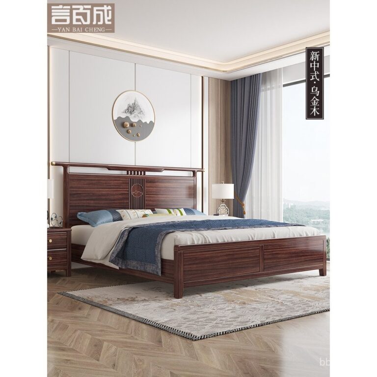 ใหม่ สไตล์จีน เตียงไม้ Walnut สีดำ 18m เตียงไม้เนื้อแข็งคู่ โมเดิร์น เรียบง่าย กล่องเก็บของสูง 15m เฟอร์นิเจอร์ห้องนอนใหญ่