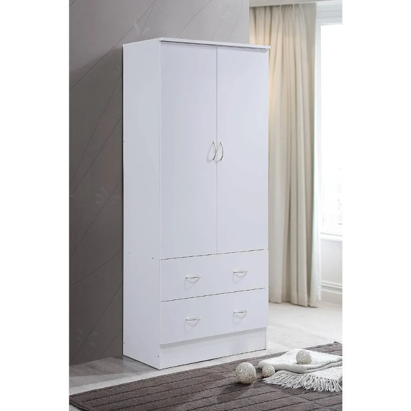 Wooden Wardrobe Bedroom Closet Cabinet Equipped with Clothes Drying Rod and 2 Storage Drawers White Wardrobe